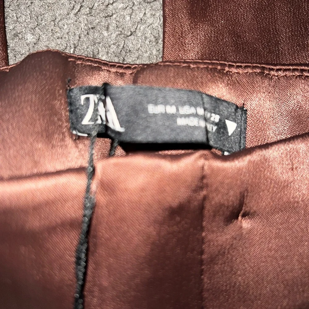 Zara Full Length Chocolate Brown High Waisted Satin Effect Pants Sz Medium NEW - Picture 6 of 7